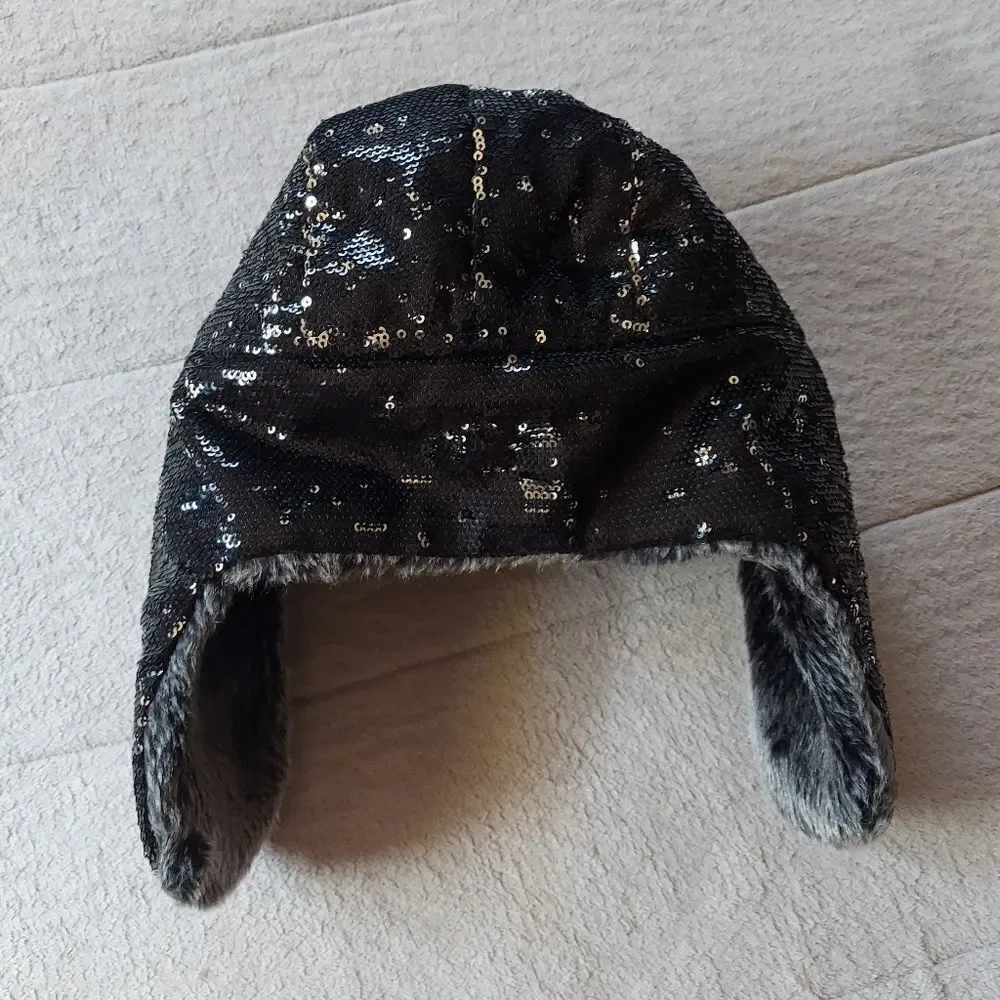 Toby Black Silver Sequin Trapper Hat Faux Fur  Kids Size 7-16